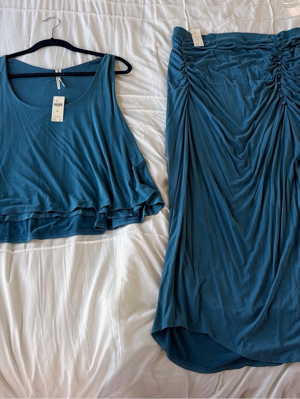 NWT Anthropologie Teal Ruched High-Low Maxi Skirt & Top Set
